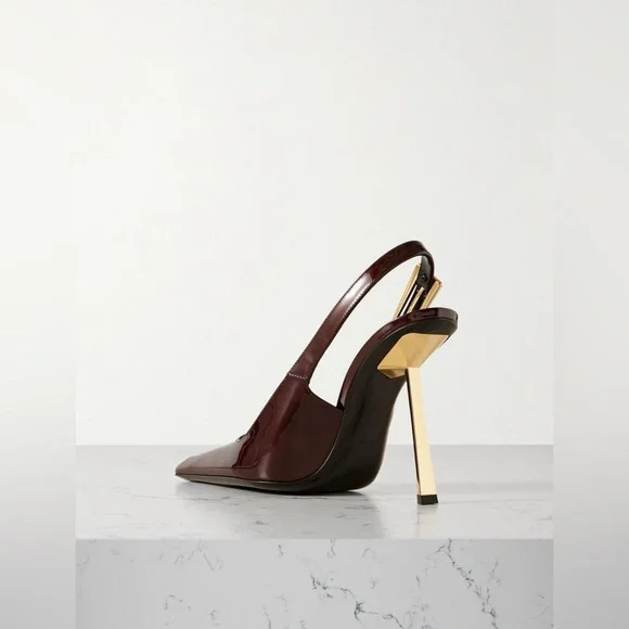 SAINT LAURENT Lee embellished patent-leather slingback pumps Color: Burgundy - Picture 3 of 13